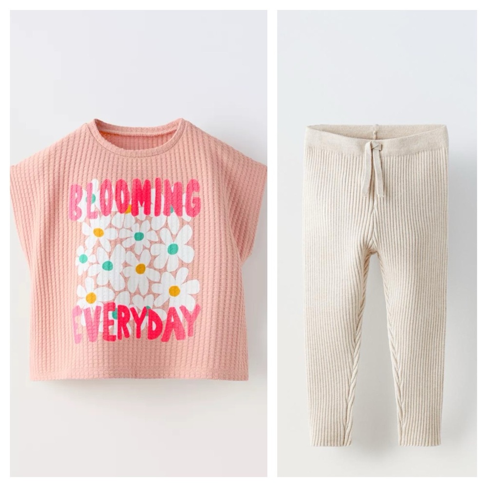 Zara Floral Waffle Knit Top & Knit Ribbed Leggings